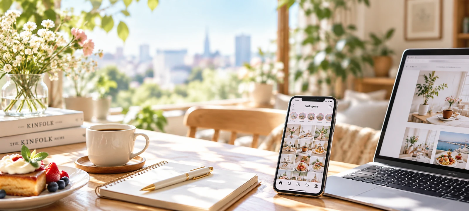 窓辺のテーブルに花とコーヒー、ノート、Instagramを開いたスマホとノートパソコンが並ぶ暮らしと発信の風景