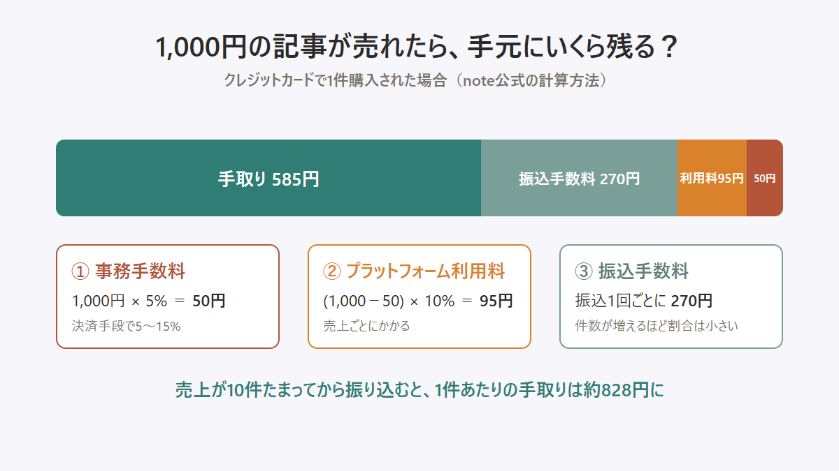 1,000円のnote有料記事が売れたときの手取りの内訳図